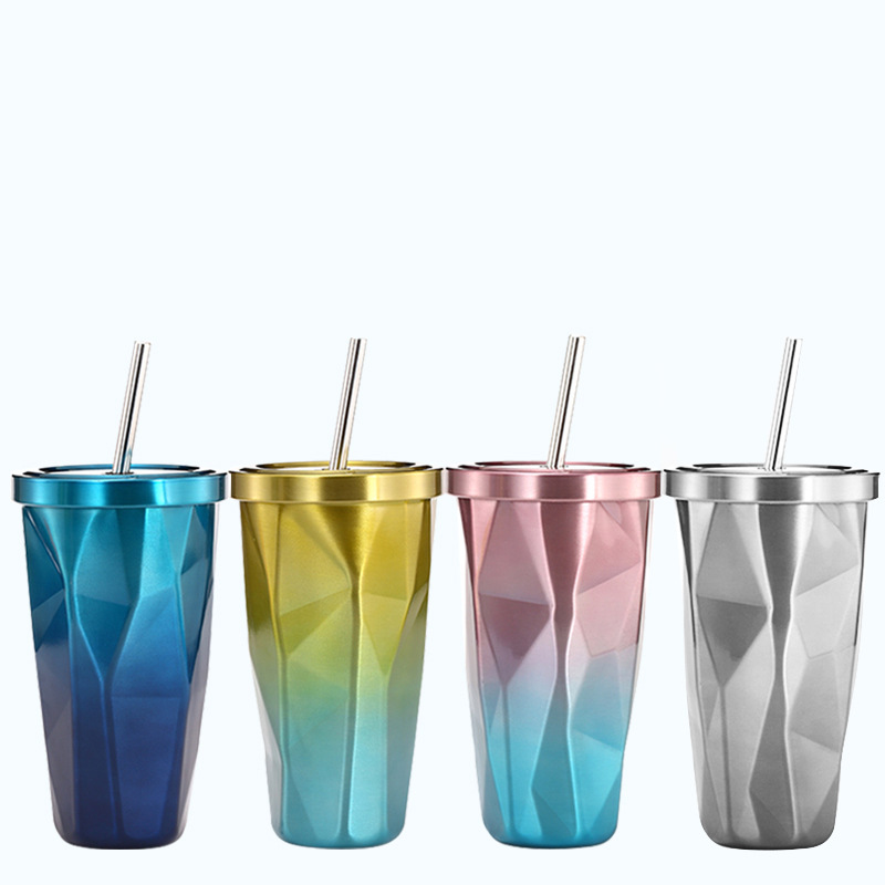 Cốc giữ nhiệt kim cương có nắp và ống hút 500ml