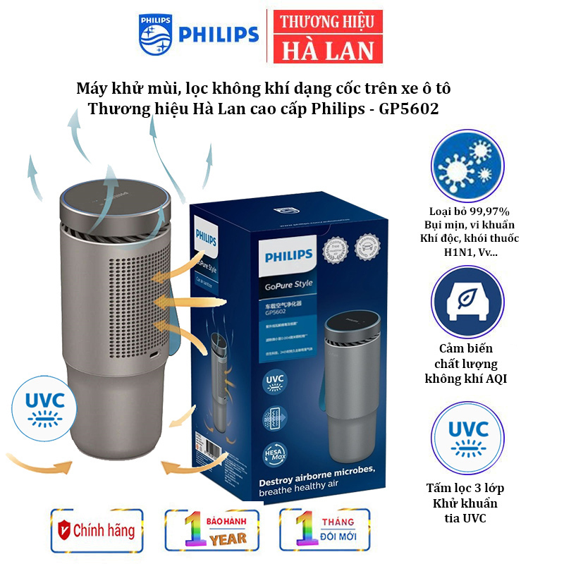 Máy khử mùi, lọc không khí dạng cốc trên xe ô tô Philips GP5602 tích hợp Công nghệ lá chắn UVC - HÀNG NHẬP KHẨU