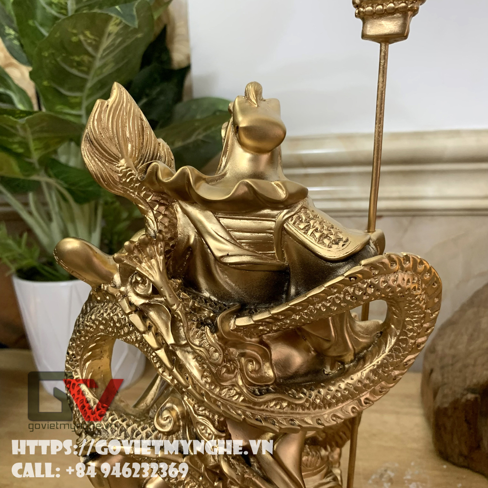 [Tượng Quan Công] Tượng đá trang trí phong thủy tượng Quan Công cầm đao cưỡi rồng - Cao 25cm - Màu nhũ đồng