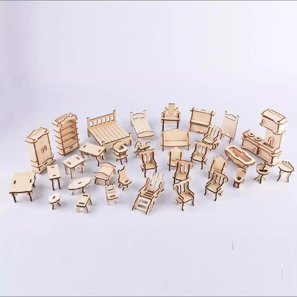 Đồ chơi lắp ráp gỗ 3D cắt laser mô hình bộ nội thất 36 món