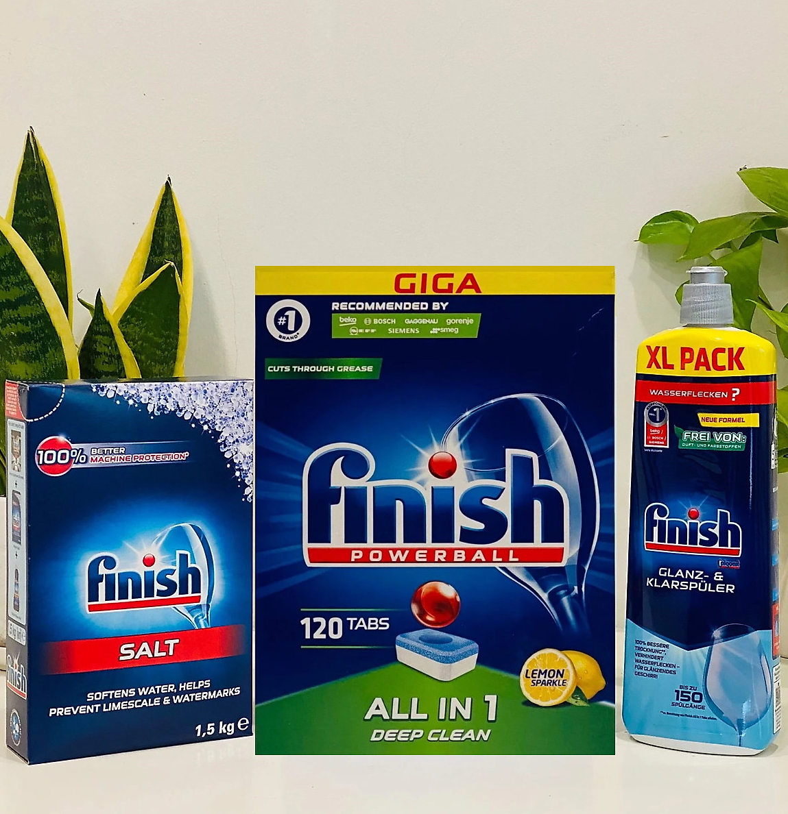 Combo viên rửa bát Finish Classic 120 viên + Muối Finish 1,5kg + Nước làm bóng Finish 750ml