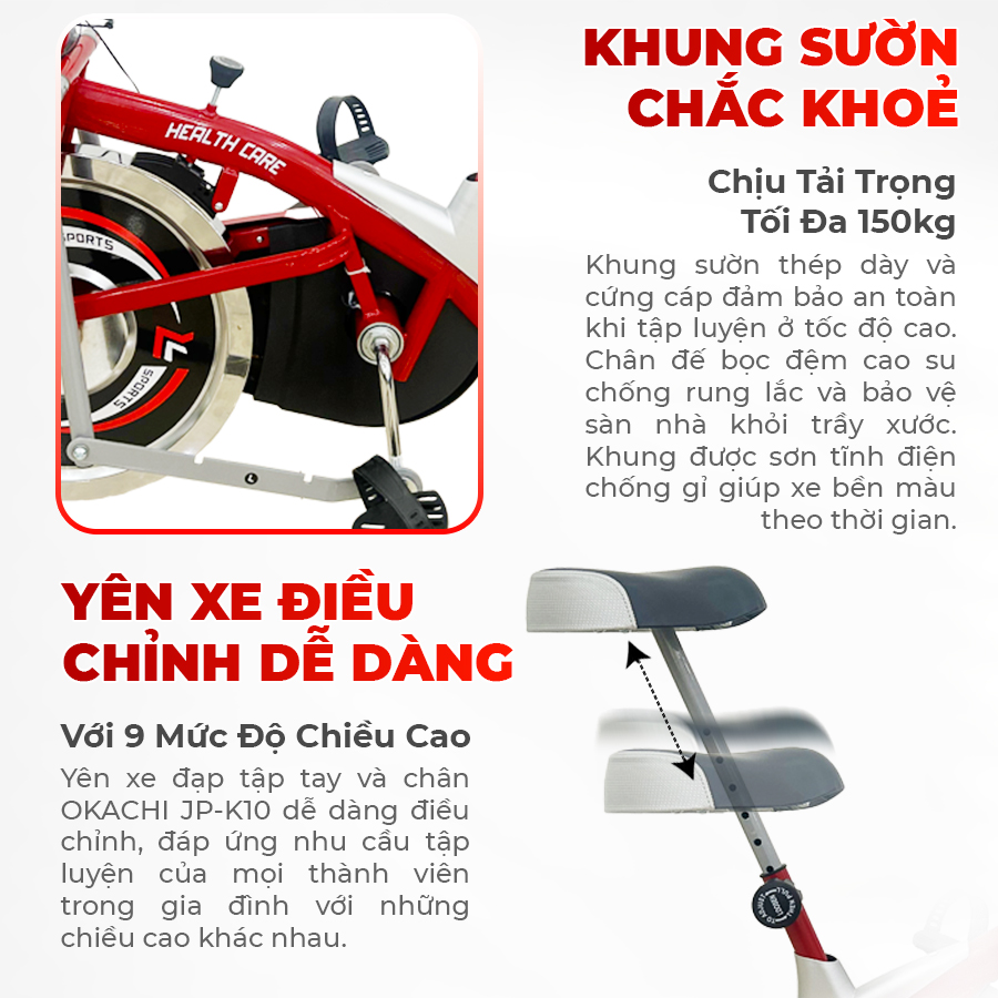 Xe đạp tập OKACHI JP-K10 (dòng cao cấp) Kết Hợp Tập Tay Và Chân, Khung Sườn Thép Dày, Chịu Tải Trọng Lên Đến 150kg