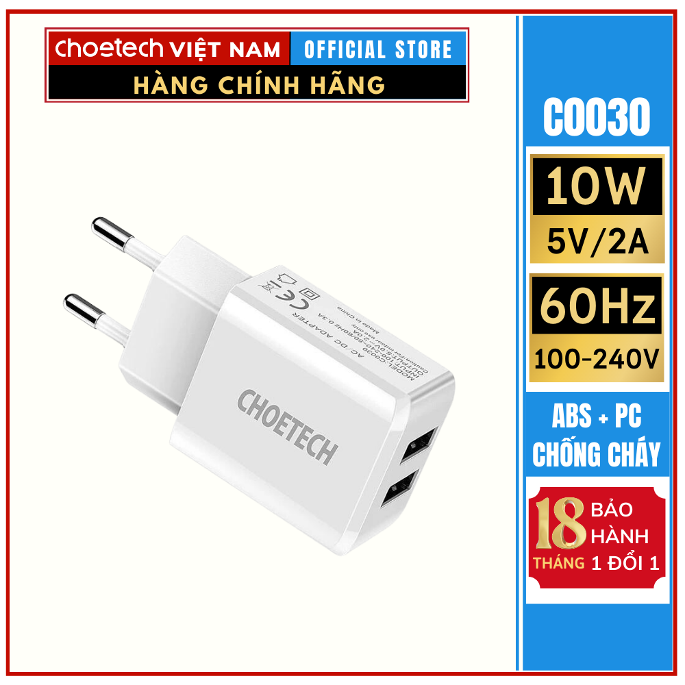 Củ sạc 2 cổng USB 5V/2A Choetech C0030 (HÀNG CHÍNH HÃNG)
