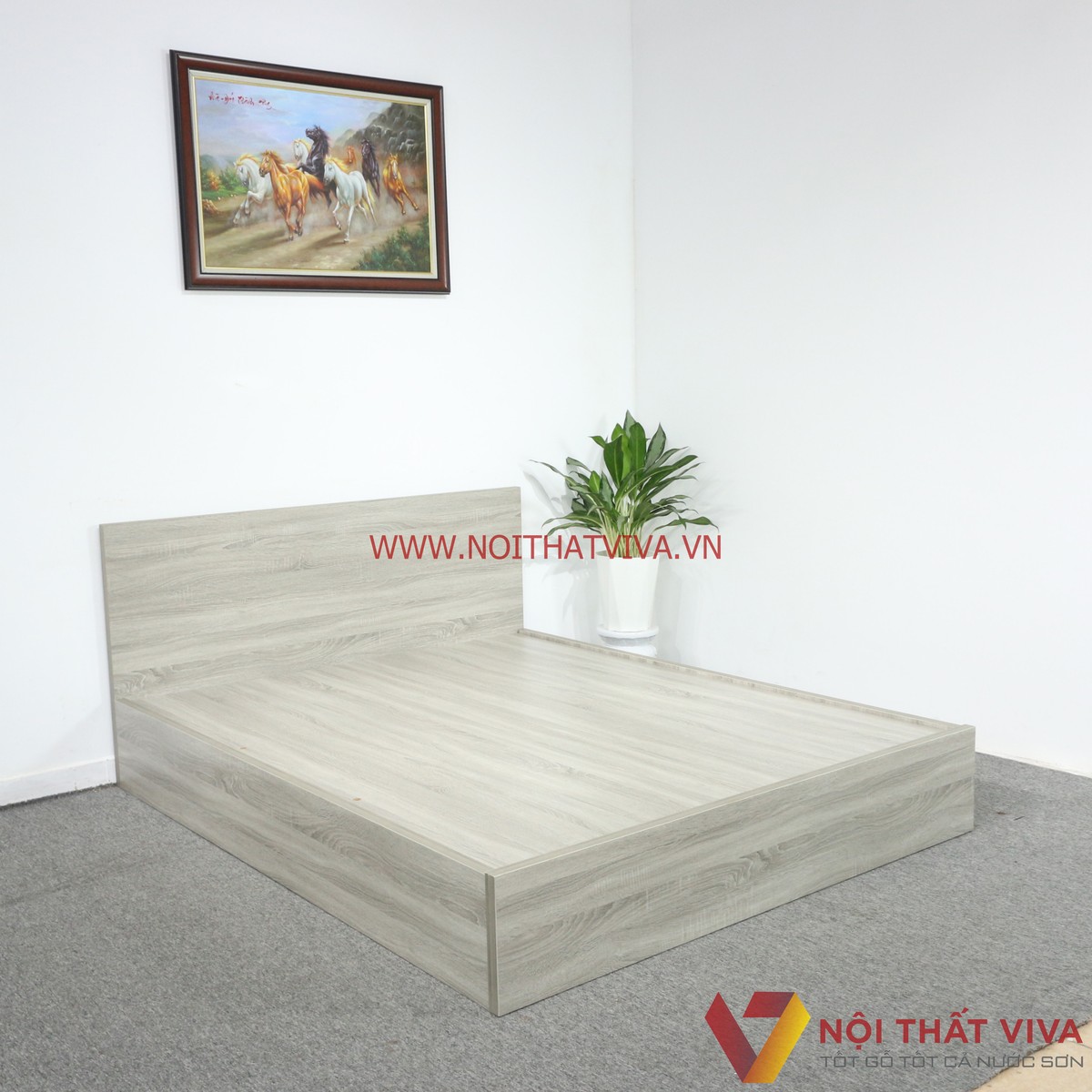 Giường Ngủ Gỗ MDF Melamine Màu Xám Vân Gỗ Đẹp Hiện Đại