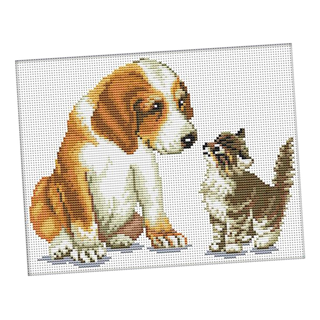 DIY Stamped Cross Stitch Kit Pre-Printed Pattern - Dog Cat 11 Count 35x29cm