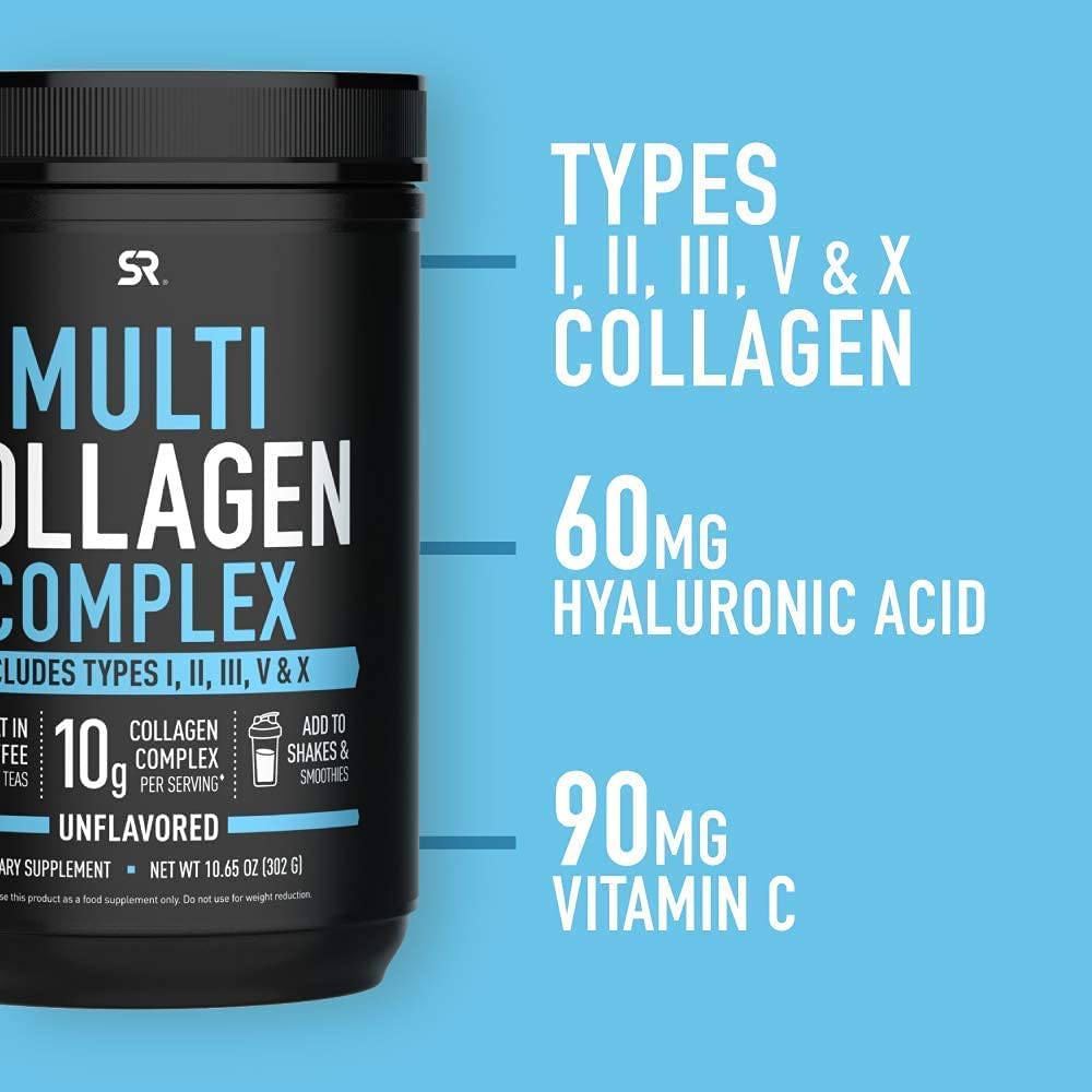 HŨ 302g BỘT ĐA COLLAGEN (5 LOẠI) SPORTS RESEARCH SR Multi Collagen Protein Powder, Vitamin C, Non-GMO (10.65 oz)