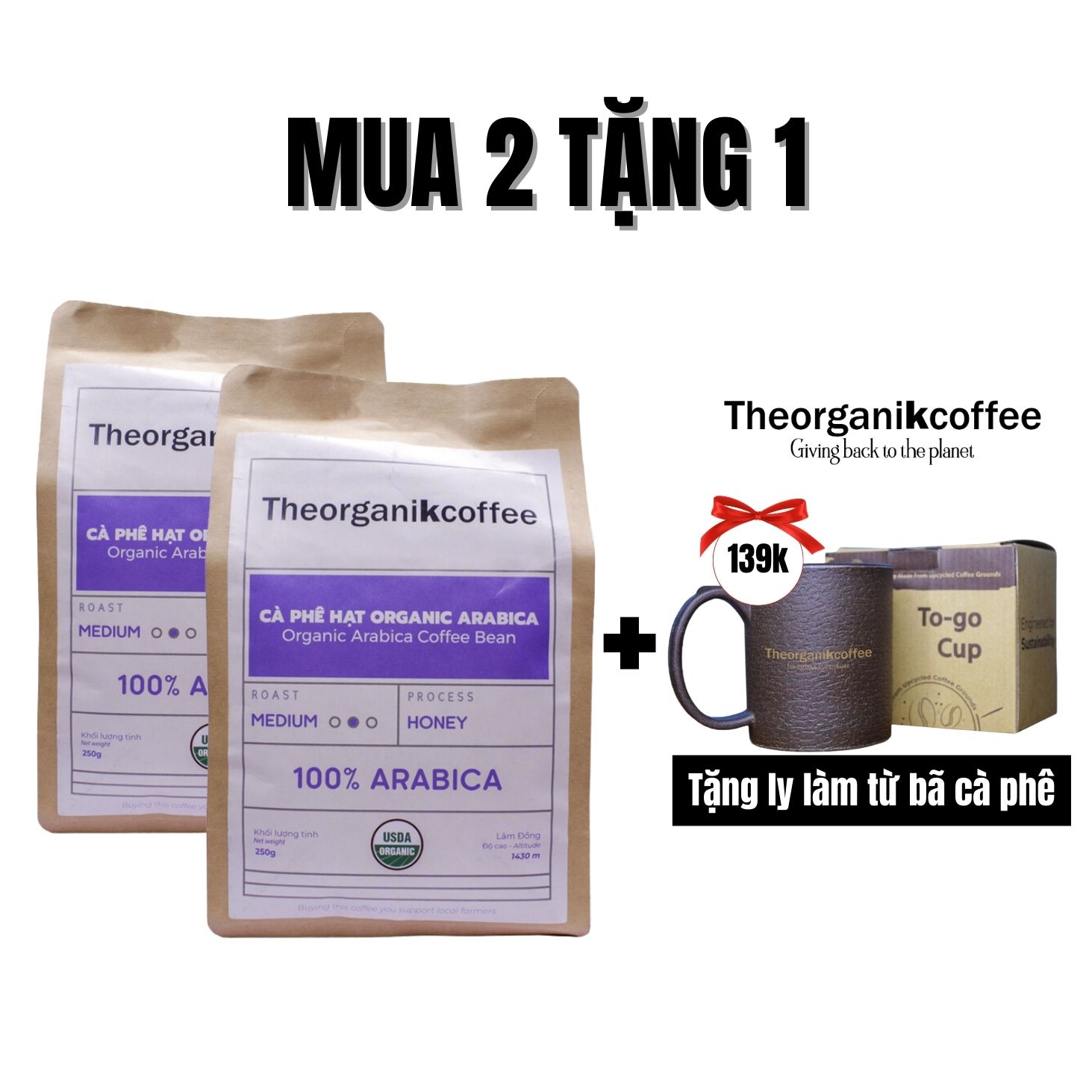 Cà phê Arabica hữu cơ rang mộc - dạng hạt, 250g