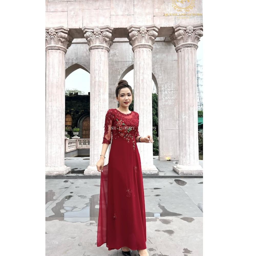 Áo dài dạ hội màu đỏ đô trung niên cho mẹ áo dài bà sui cao cấp sang trọng