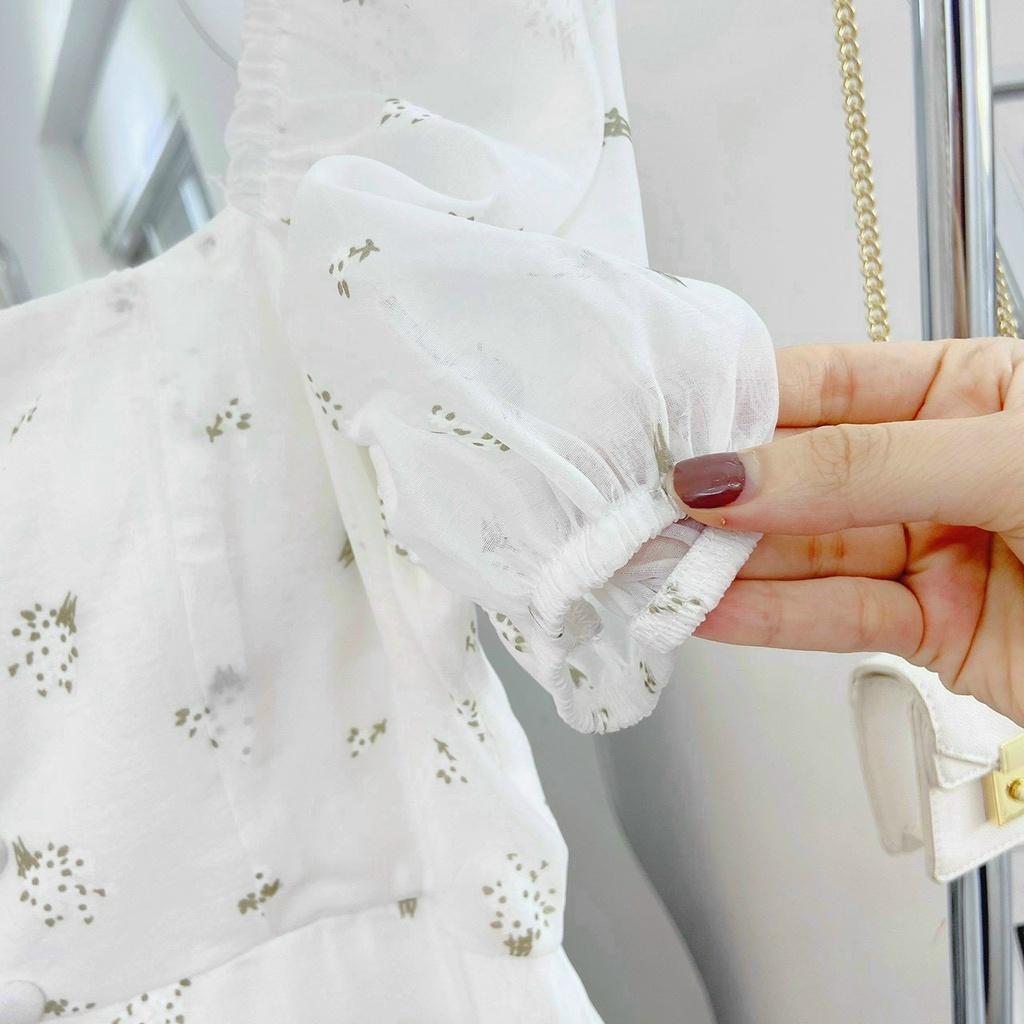 Đầm trắng hoa nhí nút bọc tay voan cổ vuông dáng xòe dự tiệc mẫu thảo nhi shop