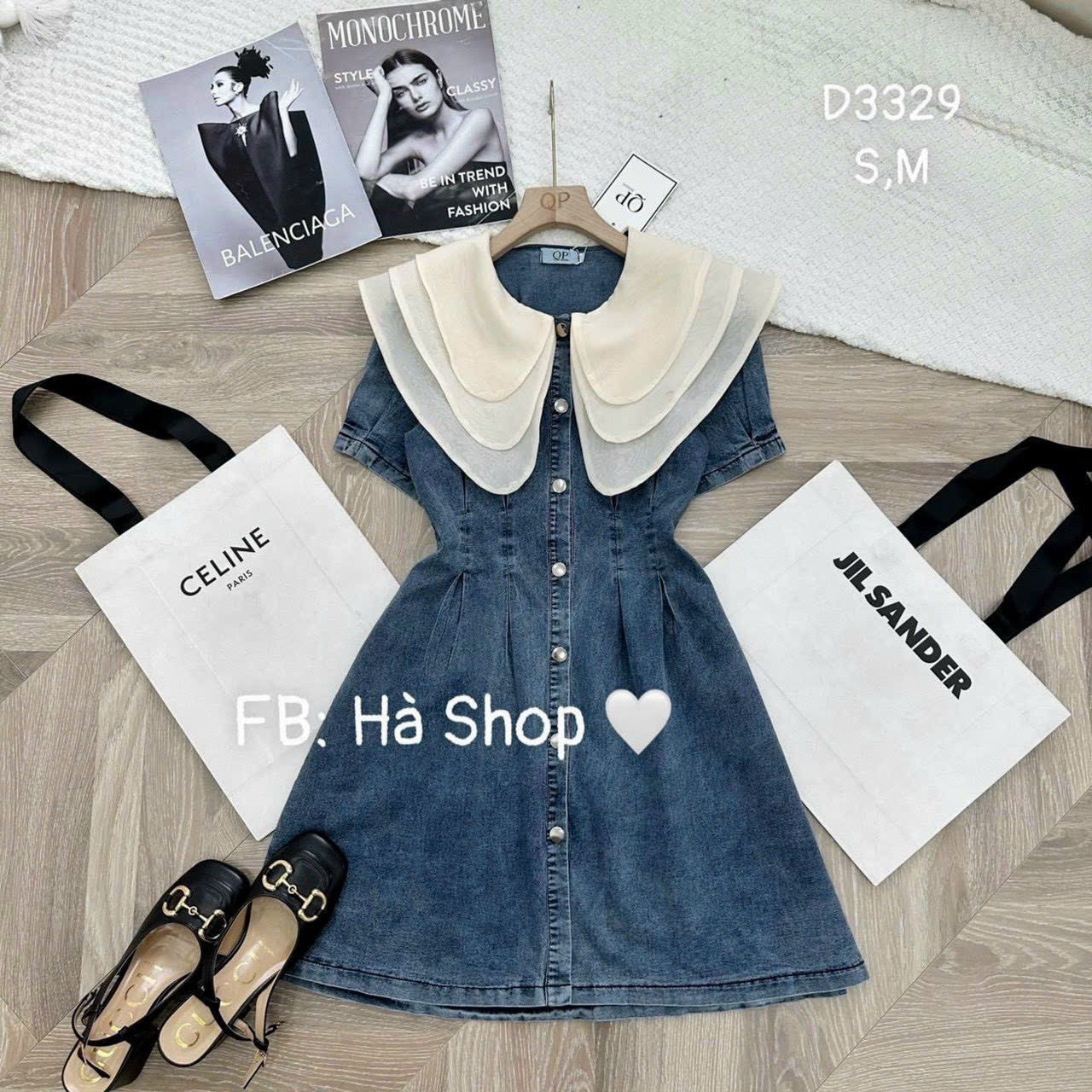 ĐẦM JEAN PHỐI CỔ BÈO CÀI NÚT MÀU Y HÌNH