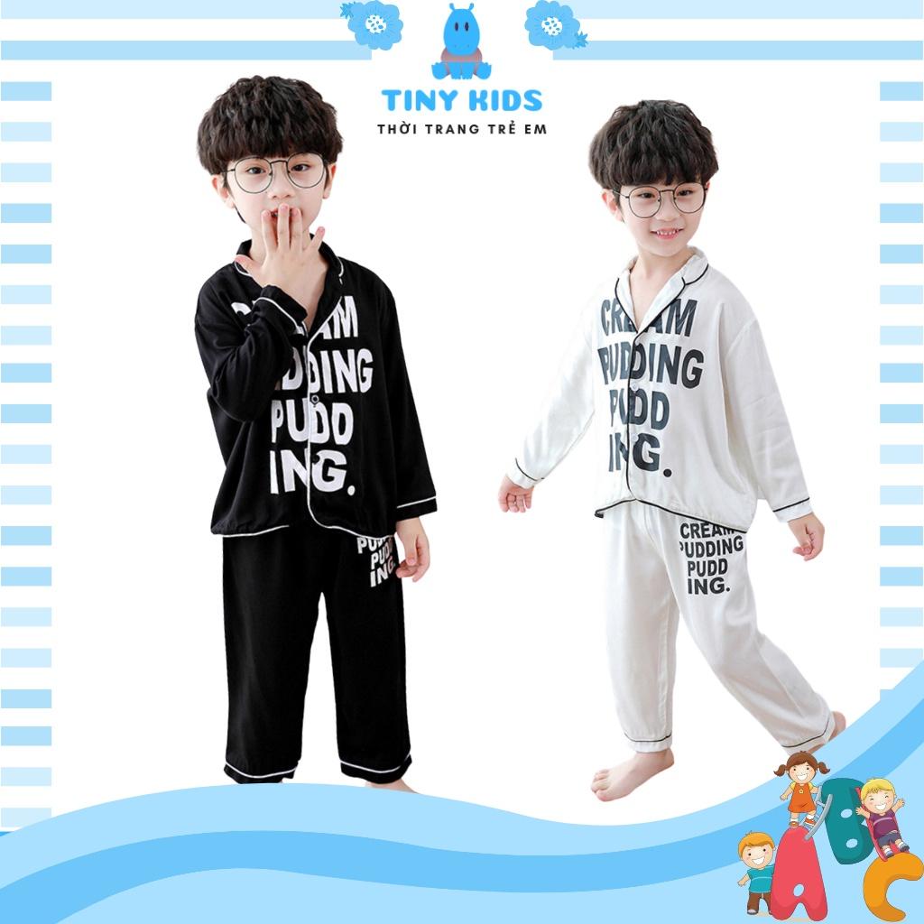 Bộ pijama cho bé xuất xịn, quần áo trẻ em dài tay in hình chữ Tiny Kids cho bé từ 6-28Kg