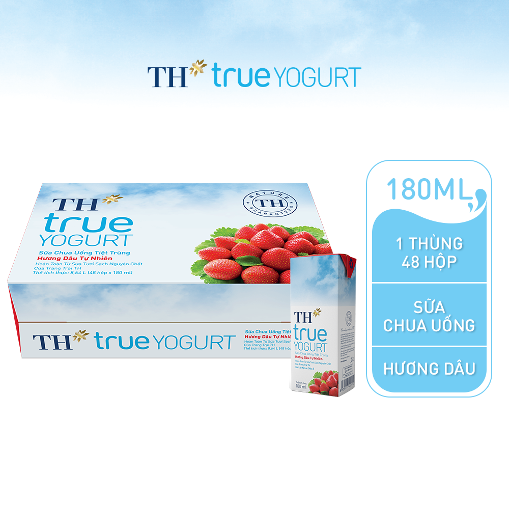 Thùng 48 hộp sữa chua uống tiệt trùng TH true YOGURT hương dâu tự nhiên 180 ml (180 ml x48)