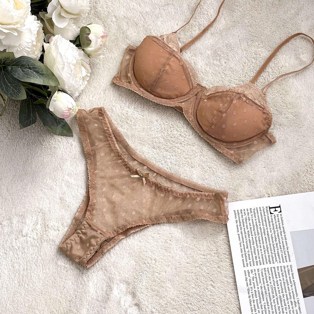 Bộ Đồ Lót Thiết Kế Lena Chất Liệu Chấm Bi Phối Ren Mặc Áo Hở Lưng Và Quần Bikini