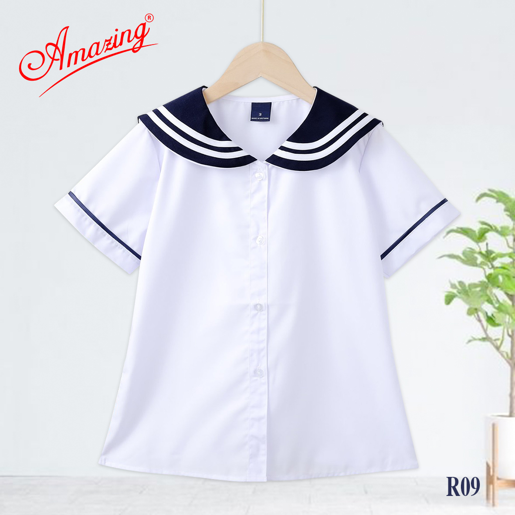 Áo trắng cho bé gái đi học hiệu Amazing, cổ bèo viền xanh cao cấp, vải kate silk, big size đến 70kg