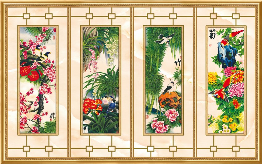 Tranh Tứ Quý , nền vàng ( Vải Canvas dán tường ) size trung ngang 160 cm x cao 100 cm , size nhỏ ngang 100 cm x cao 60 cm