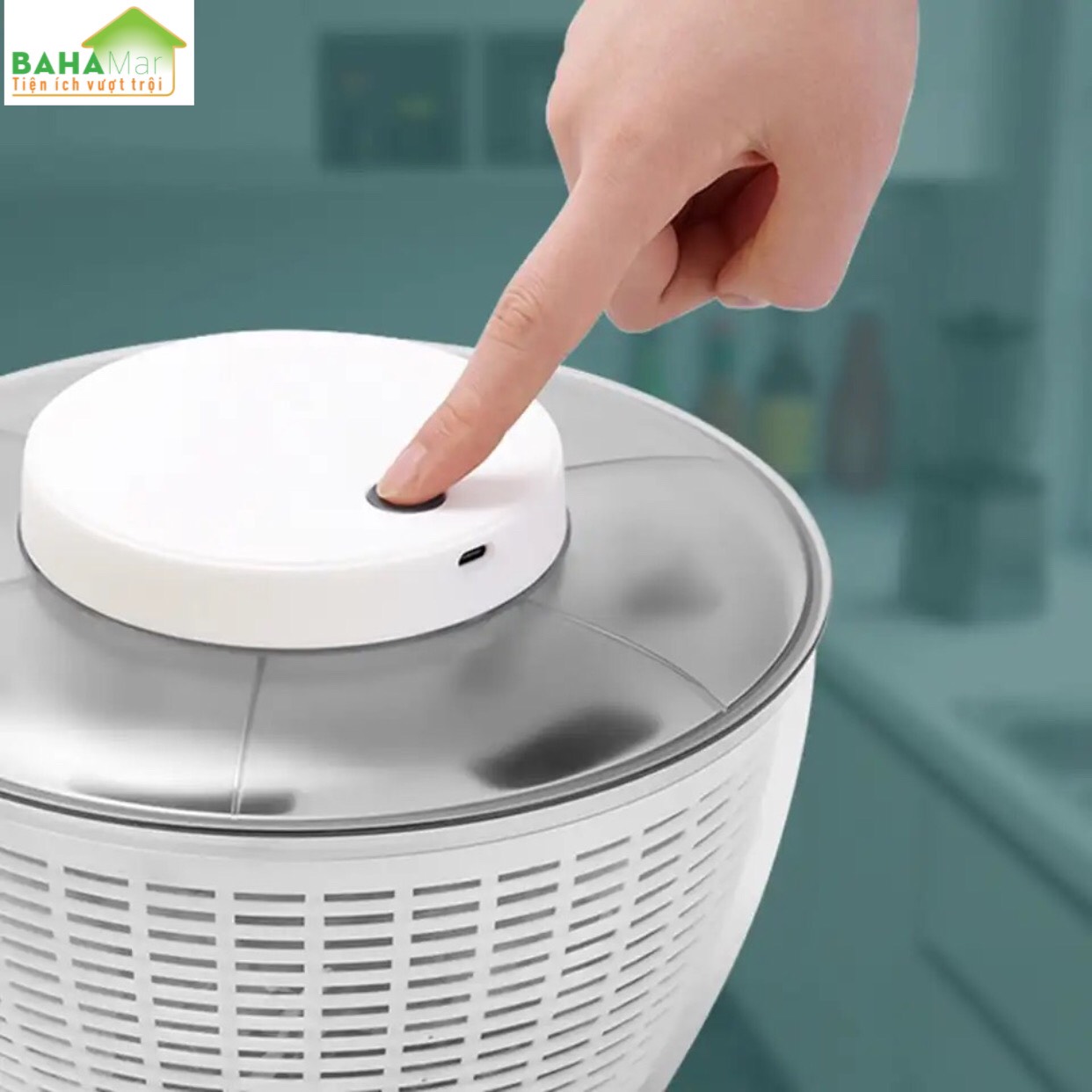 CHẬU - RỔ QUAY VẮT TÁCH NƯỚC LÀM KHÔ RAU BẰNG ĐIỆN "BAHAMAR" chạy bằng điện và có thể sạc lại bằng USB, chỉ cần bật nút nguồn để khởi động và tự động dừng sau 20 giây
