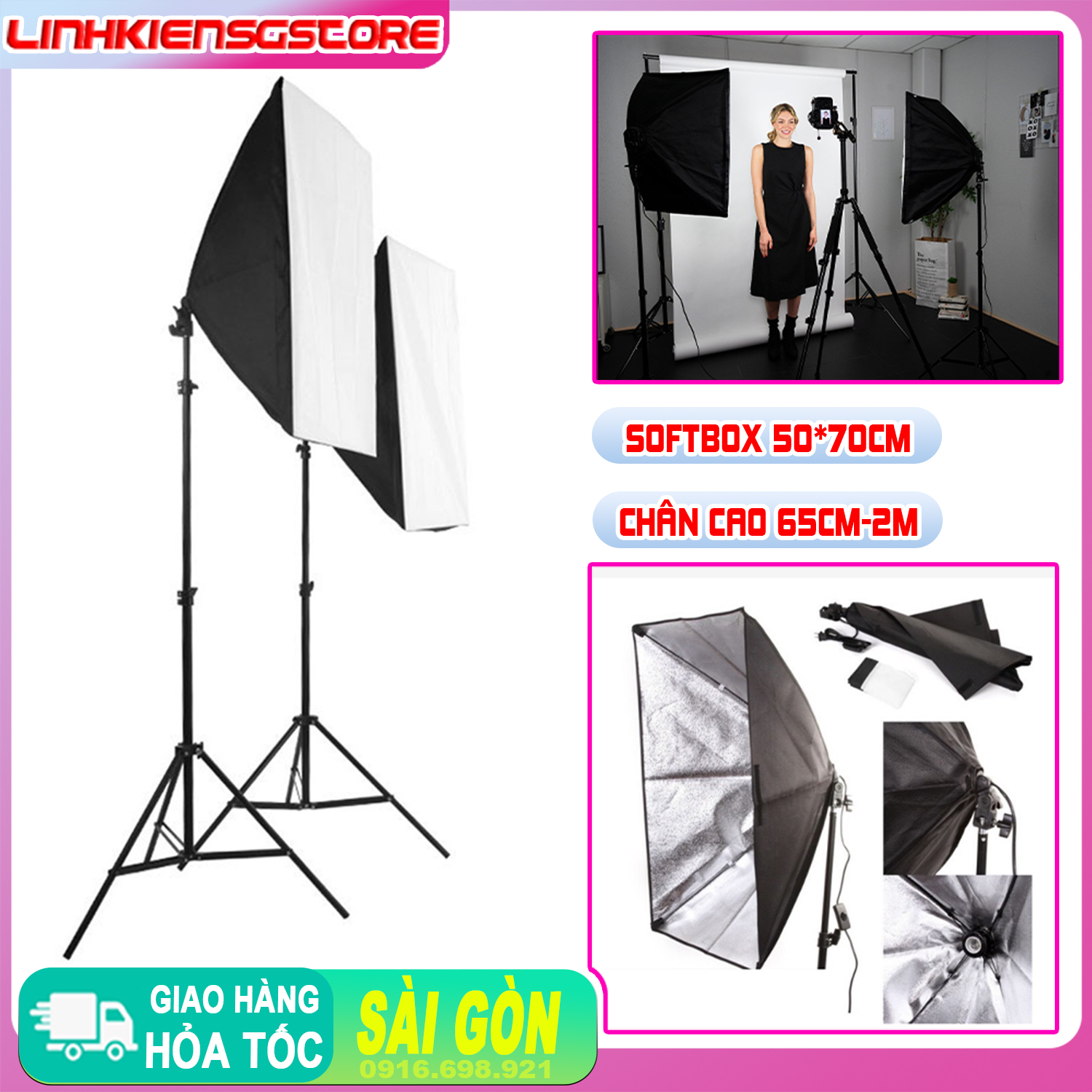 Bộ KIT Studio Chụp Ảnh Sản Phẩm Chân Đèn 2m Kèm Softbox 50x70 cm Hỗ Trợ Sáng(Không bóng đèn)