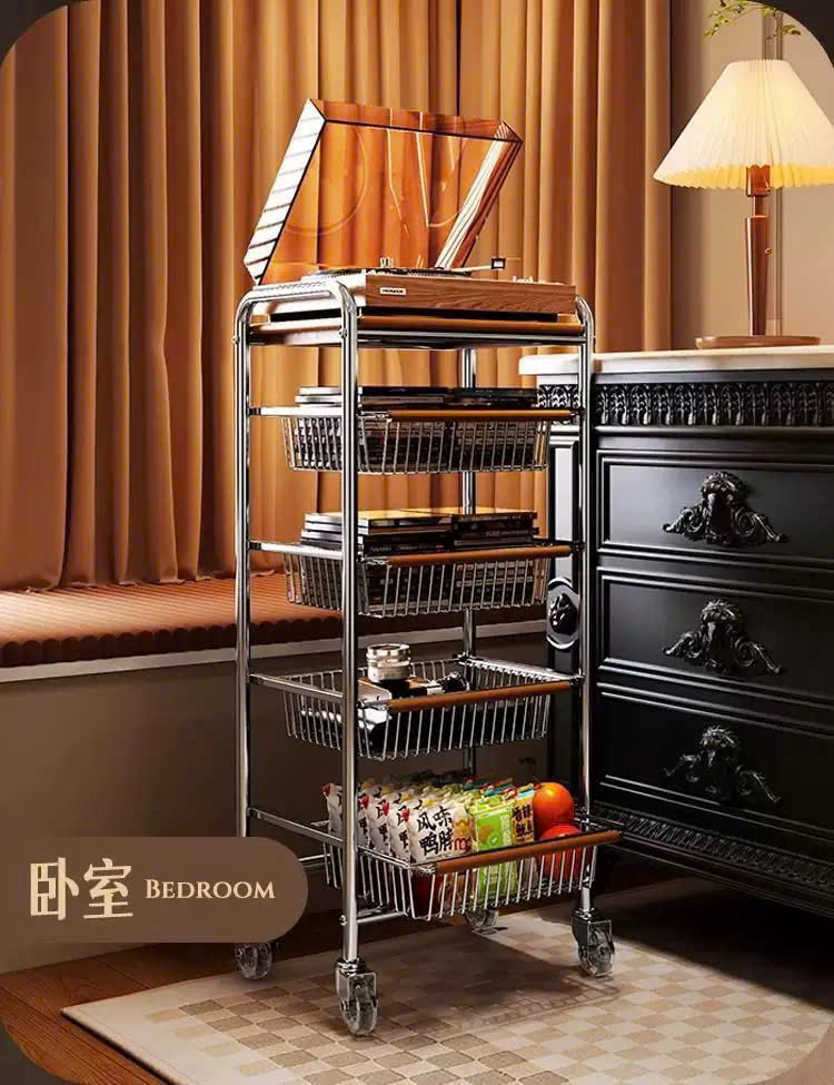 Xe Đẩy Kệ Để Đồ Đa Năng Nhiều Ngăn Tầng Có Ván Gỗ Retro Vintage – Khung Kim Loại Chắc Chắn, Kệ Trang Trí Nhà Bếp Phòng Khách - HÀNG CHÍNH HÃNG MINIIN