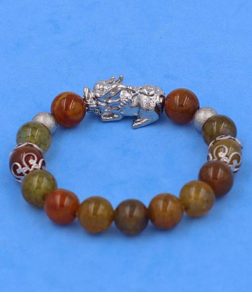 Vòng chuỗi đeo tay Đá Vân Rồng Nâu Vàng size 10 ly mix Tỳ Hưu inox VVRTHVHKHB10