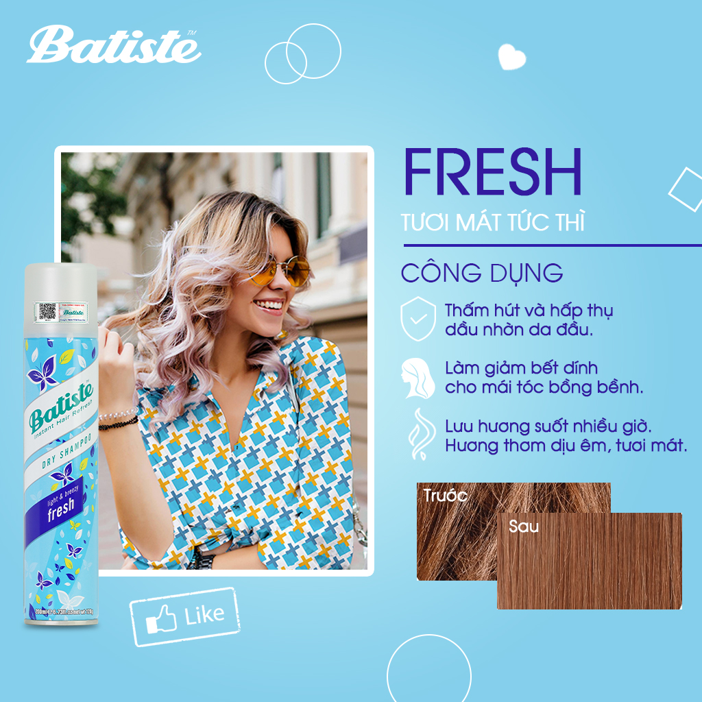 Dầu Gội Khô Batiste Tươi Mát Tức Thì - Batiste Dry Shampoo Light &amp; Breezy Fresh 200ml