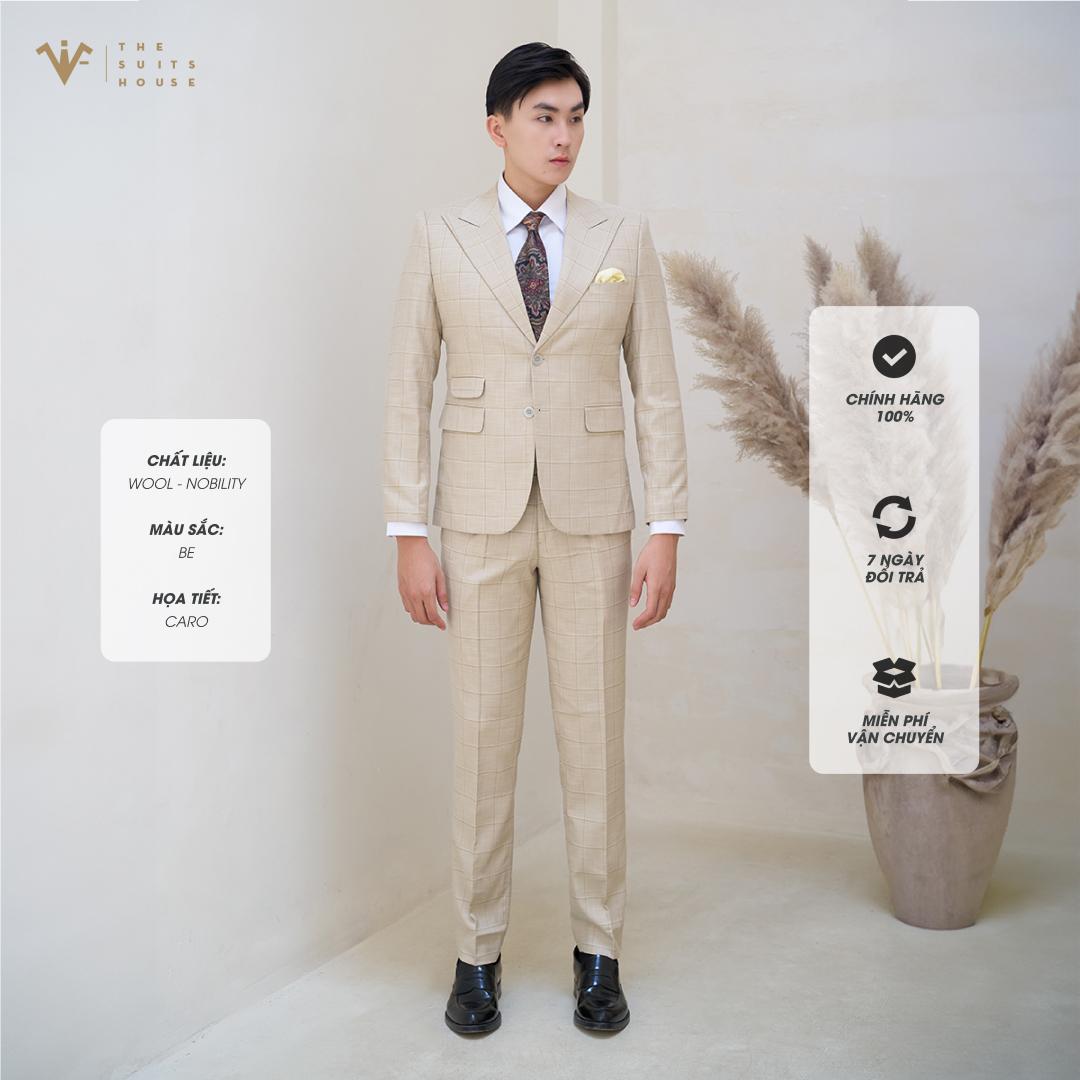 [CLASSY 2] Nguyên bộ suits 2 mảnh VÀNG BE KẺ Ô ĐẬM 2 KHUY 3 TÚI, chất vải Wool - Nobility cao cấp