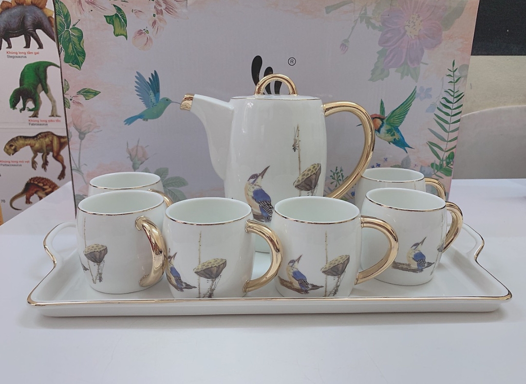 BỘ ẤM CHÉN KÈM KHAY CHIM SEN VÀ CÔNG XANH