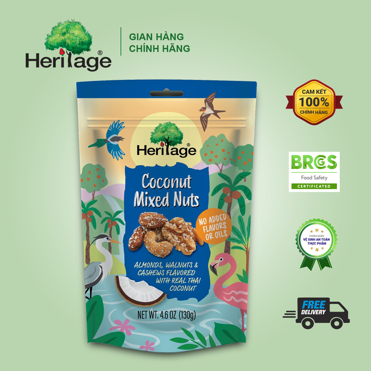 Hạt Hỗn Hợp : Hạnh Nhân, Hạt Điều , Óc Chó tẩm nước cốt dừa HERITAGE- Coconut Mixed Nuts