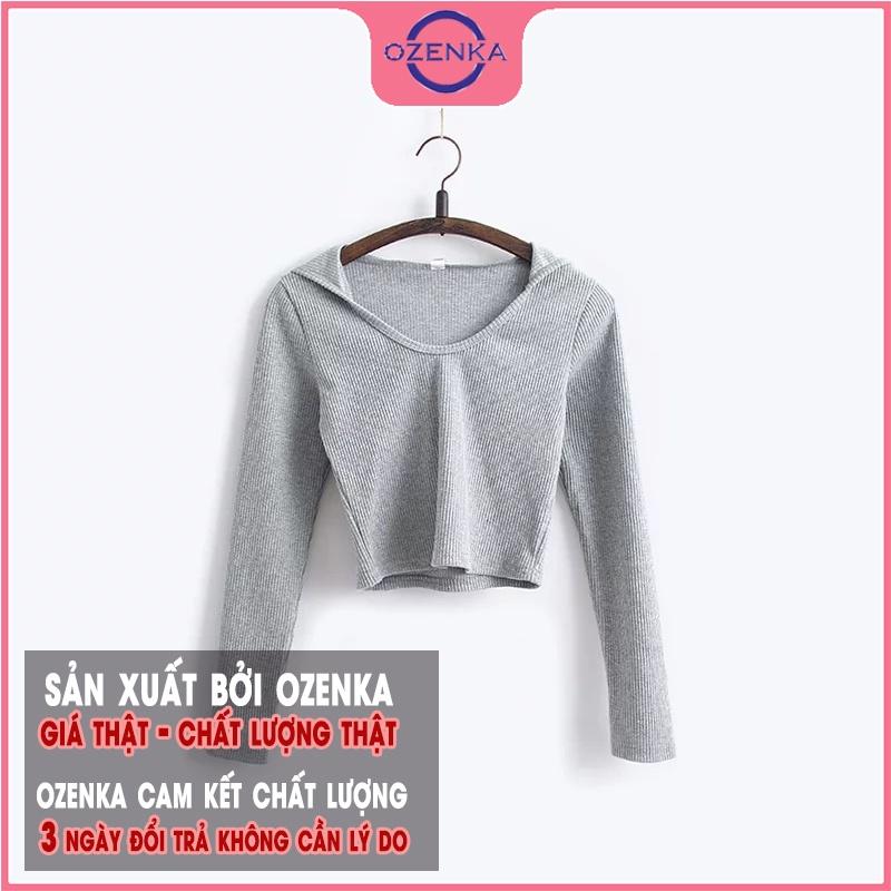 Áo croptop tay dài có mũ nữ OZENKA , crt ôm body đẹp len gân 100% cotton màu đen trắng freesize dưới 50 kg