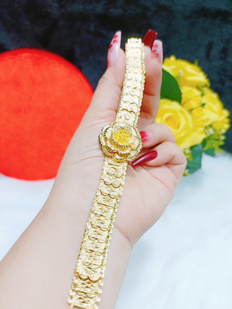 Lắc tay cưới chạm hoa mạ 24.k cực đẹp E01