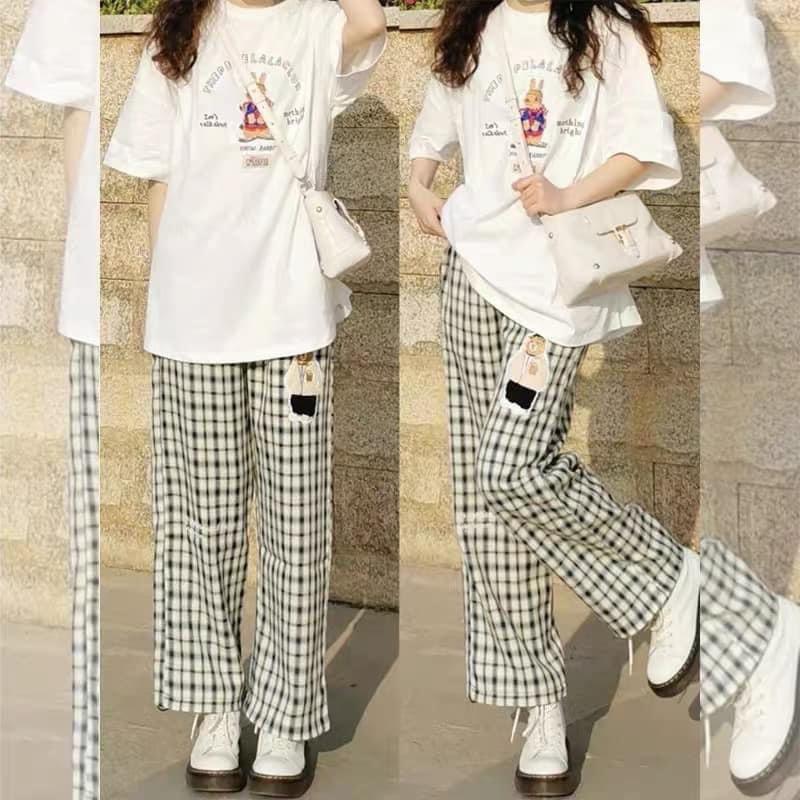 Quần Kẻ Nữ Cạp Chun Caro Lưng Cao Dáng Rộng Ống Suông ulzzang full màu hot Bống Store