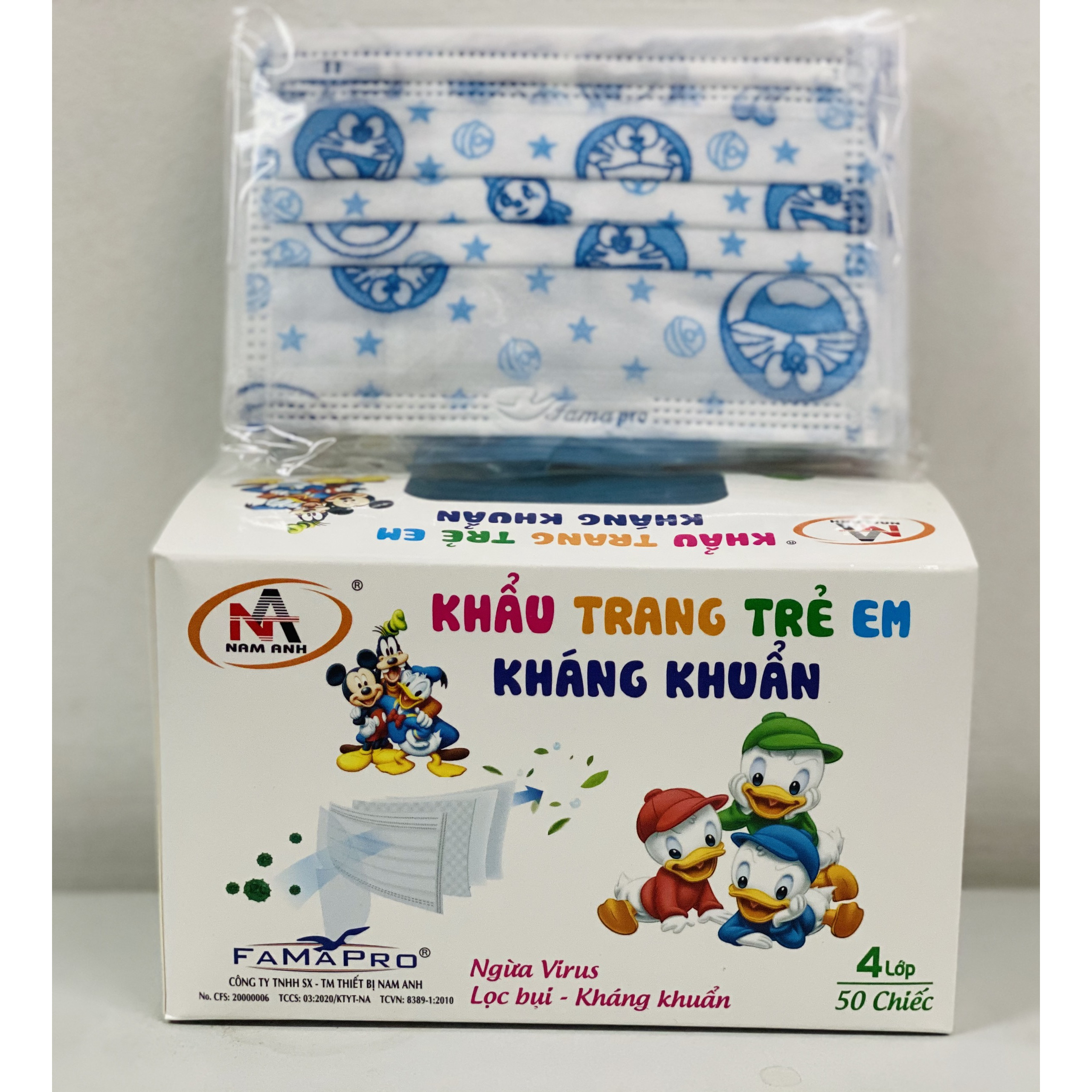 Khẩu trang trẻ em kháng khuẩn Famapro (Hộp 50 cái - Màu xanh Đôrêmon