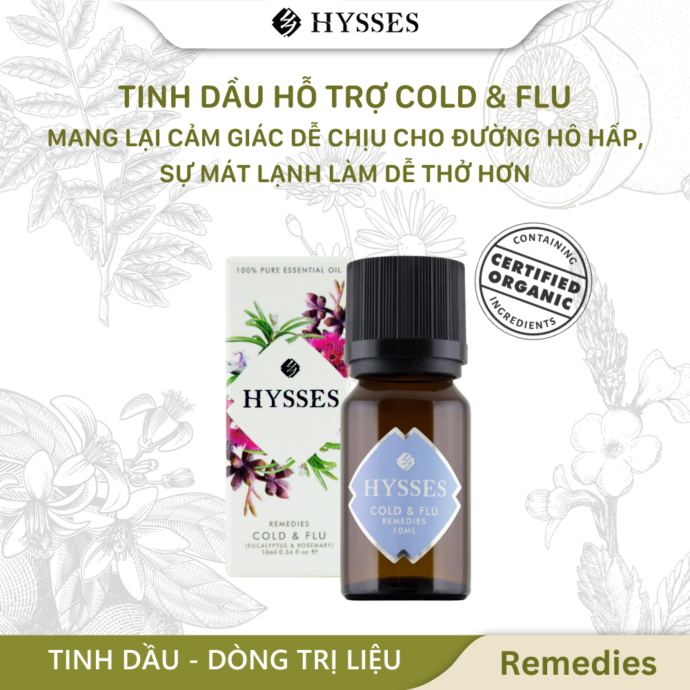 Tinh Dầu Cao Cấp Hysses Remedies Cold & Flu Mang Hương Tươi Mát, Thảo Mộc Ngọt Nhẹ, Tạo Cảm Giác Mát Lạnh Cho Đường Hô Hấp Với Tinh Dầu Hương Thảo - Bạch Đàn Hữu Cơ Tự Nhiên