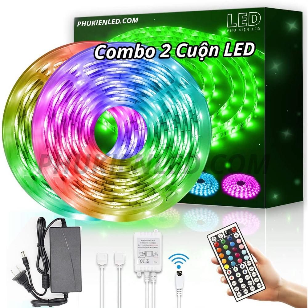 COMBO 2 Cuộn Dây Đèn Led RGB Đổi Màu - Đèn Led Dây 5050 RGB Có Keo Dán 2 Mặt Có Remote 44 Phím Và Nguồn 12v 5a Cực Chất