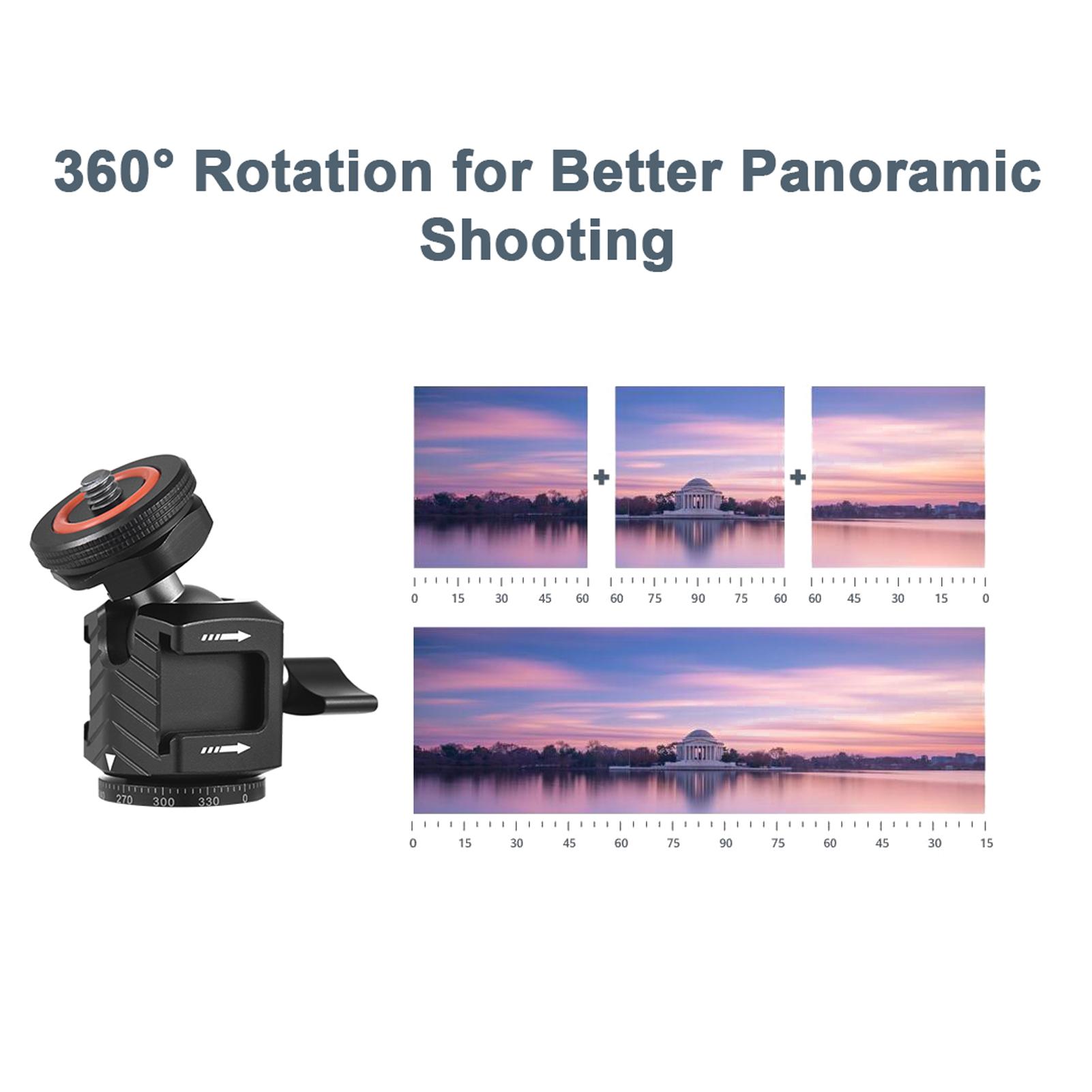Multi-functional Mini Ball Head 360°Rotatable Aluminum Alloy Ballhead Adapter Tripod Head 1/4 Inch Screw and Cold Shoe Connection with Dual Side Cold Shoe Mounts for DSLR Camera LED Video Light Microphone