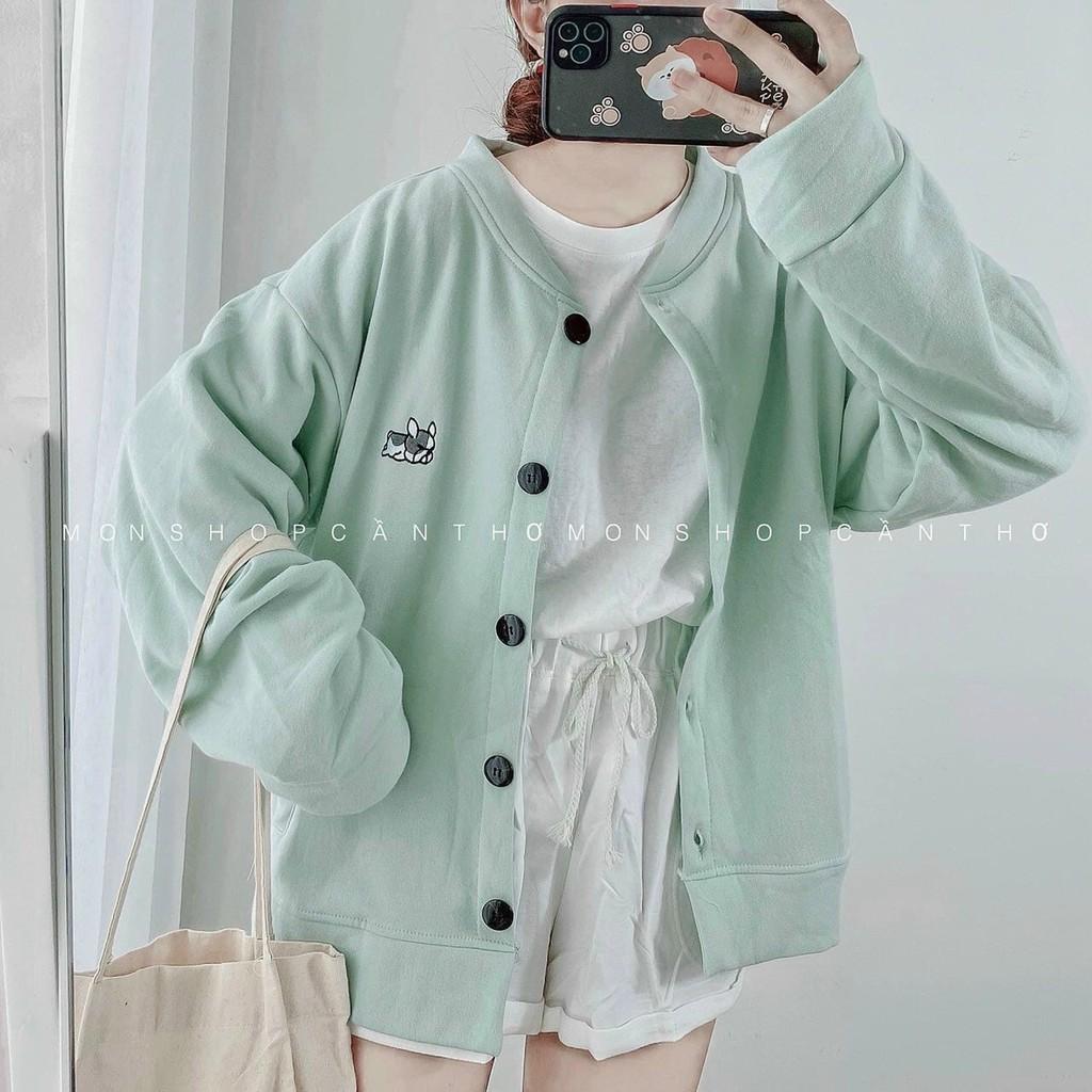 Áo Khoác Nỉ Cardigan Ulzzang Thêu Cún Cực Xinh Form Rộng, Áo Sweater Nữ Dài Tay Basic Áo Nỉ Nữ Form Rộng Style Hàn Quốc Chất Vải Da Cá Màu Trắng Đen Xám