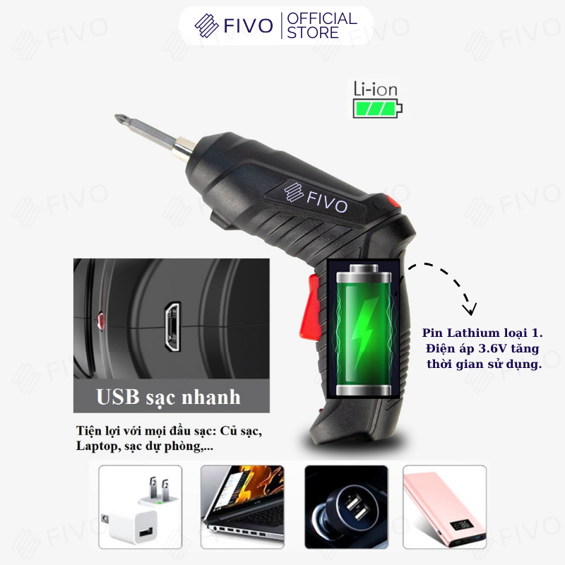 Máy Bắn Vít Dùng Pin Mini FIVO, Linh Động 2 Kiểu Dáng, Tặng Kèm Dây Sạc Và 2 Đầu Vít, Nhỏ Gọn Tiện Dụng