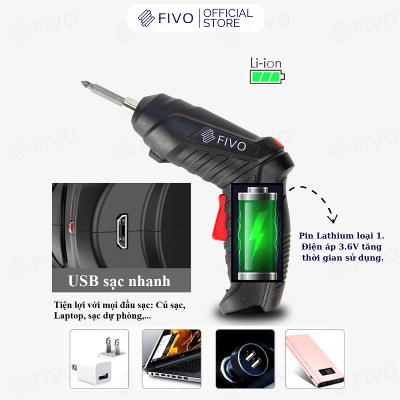 [Giao Nhanh 2h] Máy Bắn Vít Dùng Pin Mini FIVO, Linh Động 2 Kiểu Dáng, Tặng Kèm Dây Sạc Và 2 Đầu Vít, Nhỏ Gọn Tiện Dụng