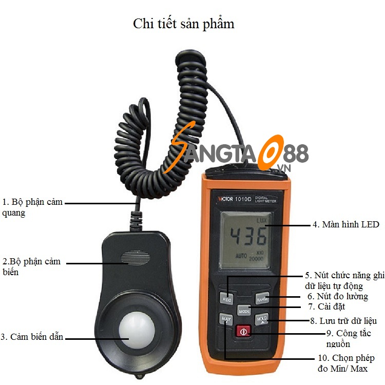 Thiết bị đo cường độ ánh sáng cảm biến siêu nhạy cao cấp VC1010D (Tặng đèn pin bóp tay mini-giao màu ngẫu nhiên)