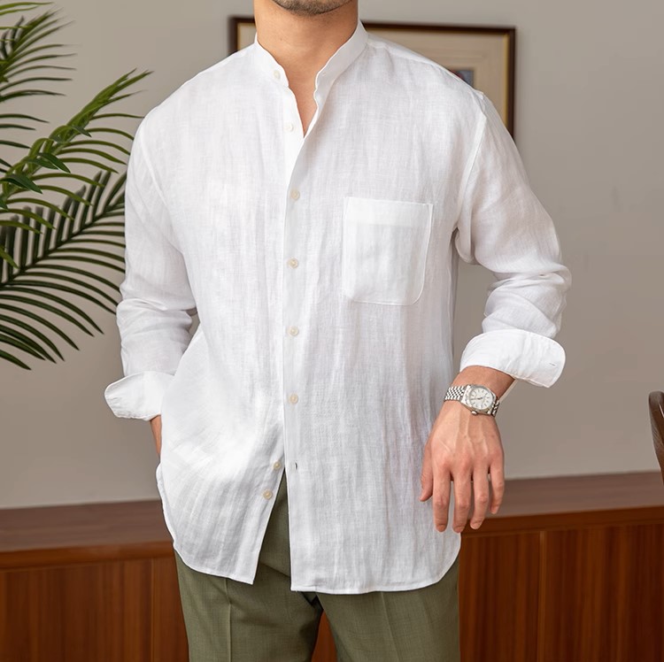 Áo sơ mi Linen dài tay nam cao cấp thiết kế cổ trụ phối cúc 1 túi ngực vải thoáng mát không bai gião MS05
