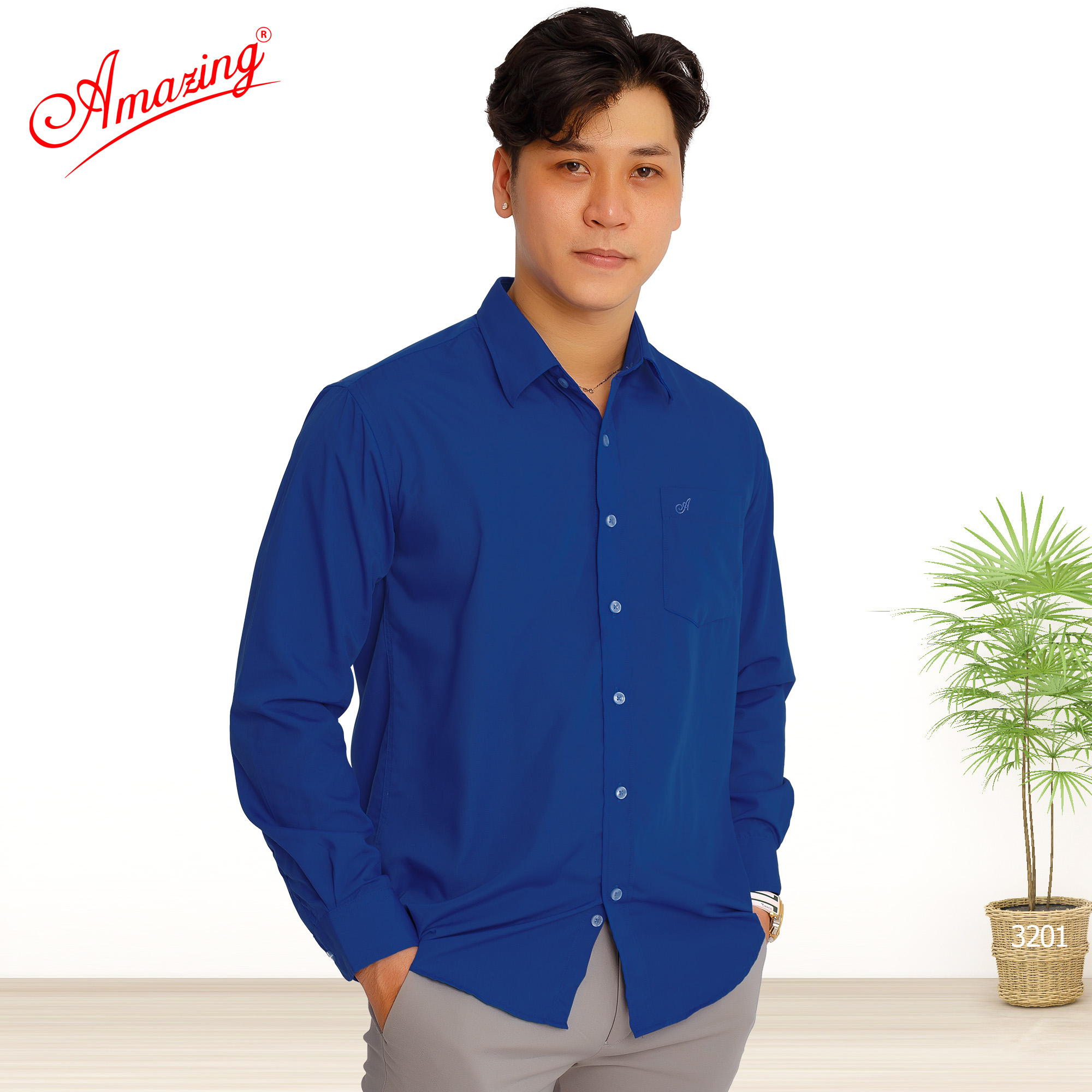 Áo sơ mi nam Amazing vạt bầu, dài tay, form xuông thoải mái, vải KT silk màu trơn, phong cách công sở, trung niên, size từ 50-100kg