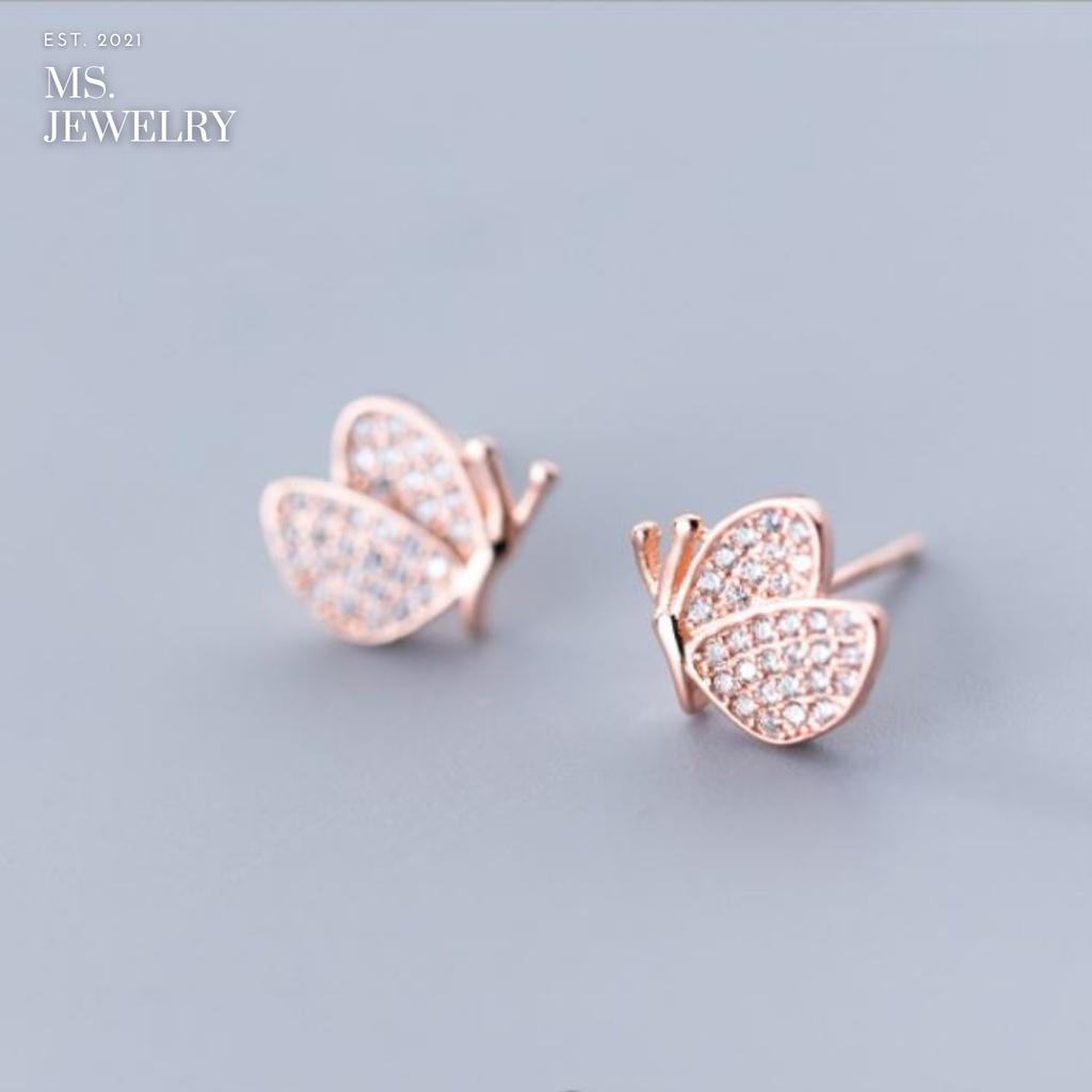 Khuyên Tai Bạc S925 Đính Đá Cubic Zirconia Hình Bướm Sang Trọng
