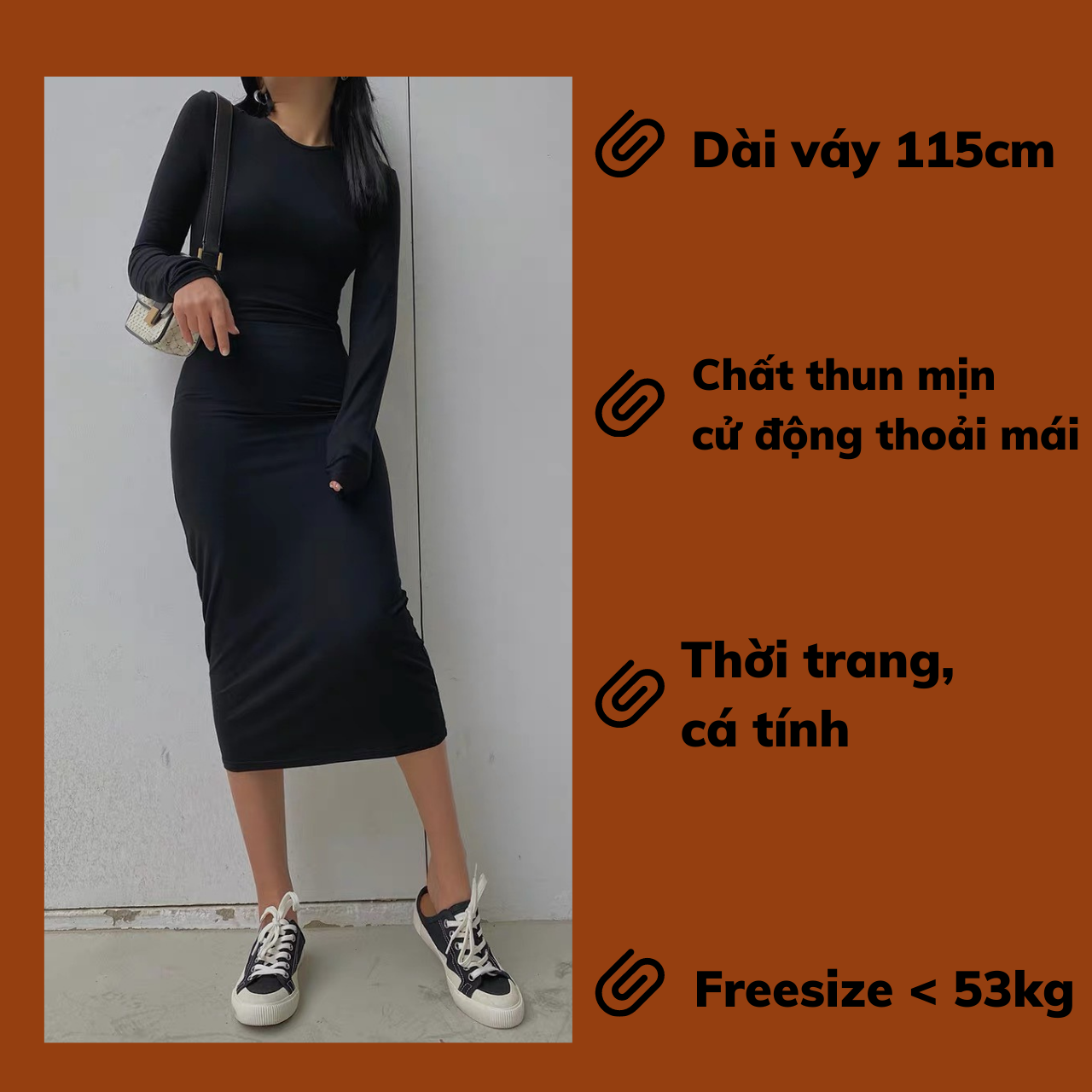 Đầm Body Thun Tay Dài Năng Động Qua Gối Form ôm Không Xẻ tà Màu Đen Ghi Freesize