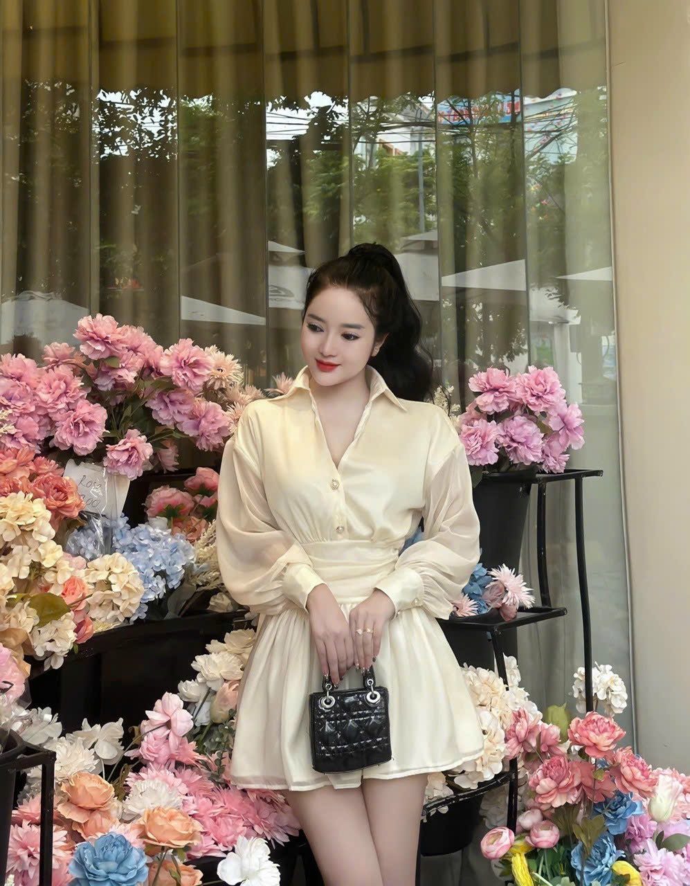 Set đầm áo sơ mi kèm chân váy xòe có quần trong