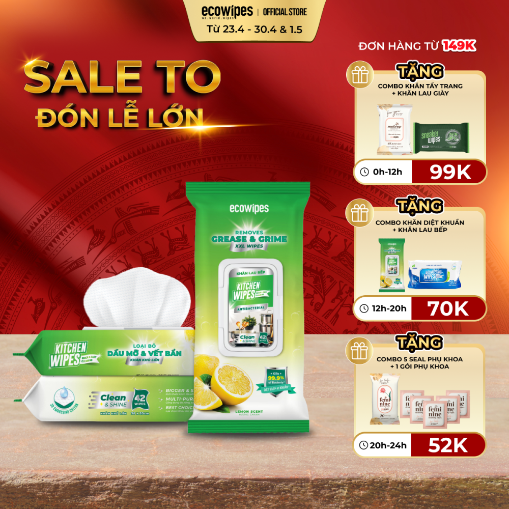 Combo 03 gói khăn giấy ướt lau bếp Kitchenwipes gói 42 tờ giúp làm sạch dầu mỡ trên nhiều bề mặt