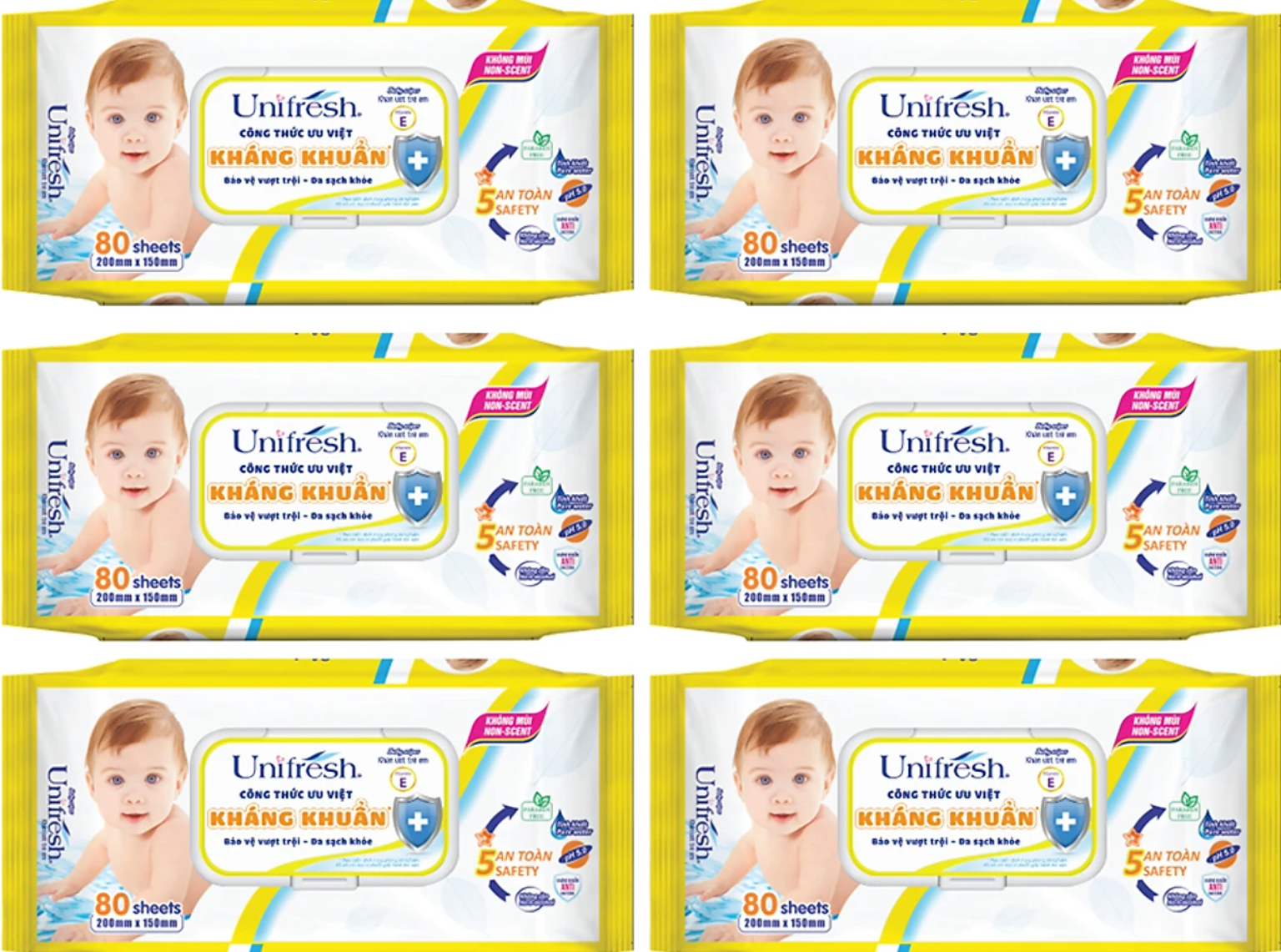 Combo 6 gói khăn ướt Unifresh 80 tờ không mùi vitamin E- Date luôn mới