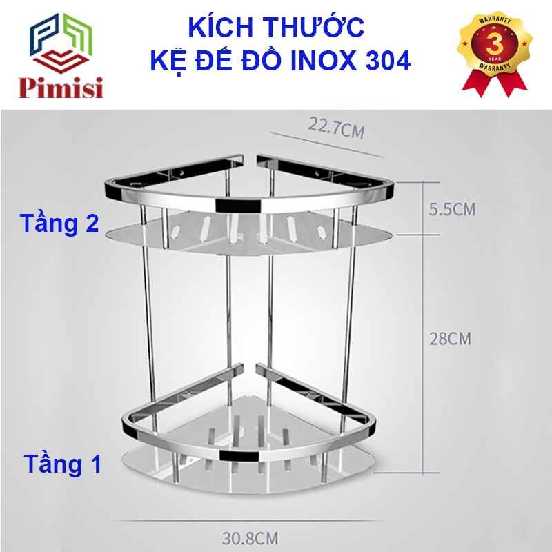 Kệ Góc Nhà Tắm Để Đồ Trong Phòng Vệ Sinh Pimisi Inox 304 Hình Tam Giác Đựng Đồ Trong Phòng Tắm Hoặc Kệ Nhà Bếp 1 - 2 Tầng Sáng Bóng Dễ Vệ Sinh, Gắn Tường Bằng Khoan Vít Đinh Chắc Chắn | Hàng chính hãng