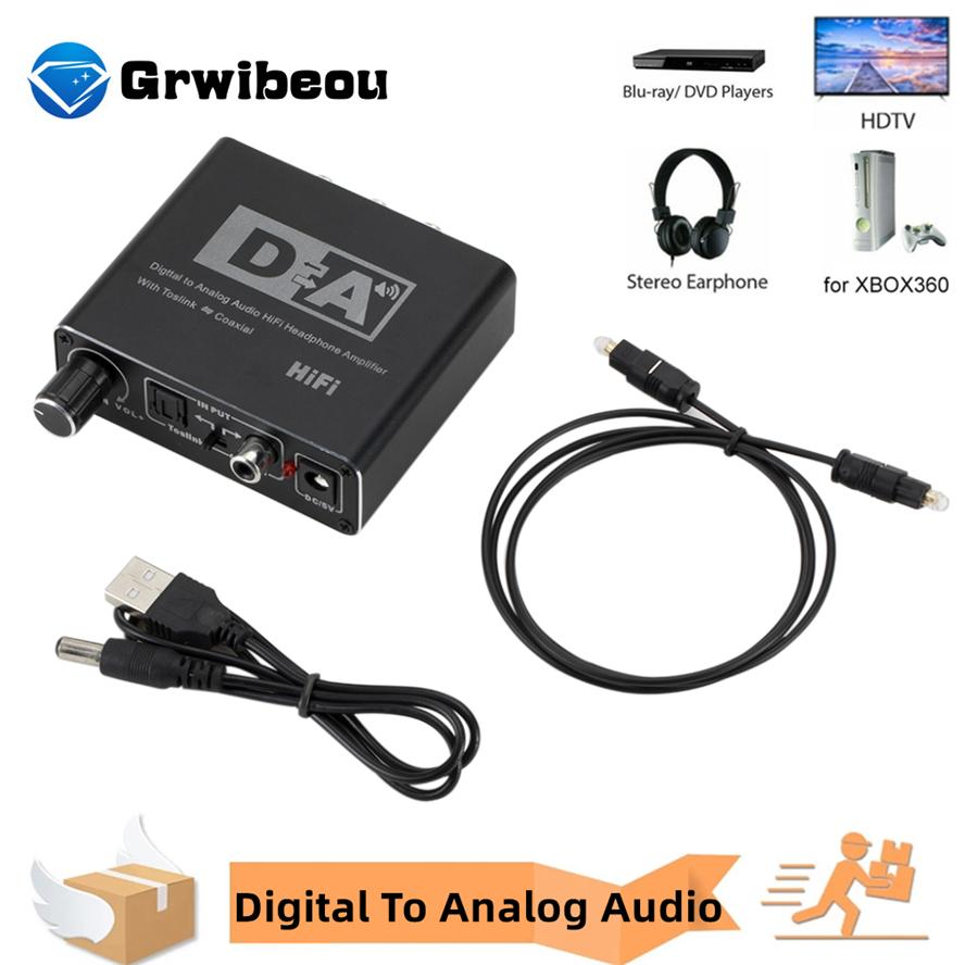 GRWIBEOU HIFI DAC Digital To Analog Audio Converter RCA 3.5mm AUX RCA eadphone Amplifier Toslink Optical Coaxial Output DAC