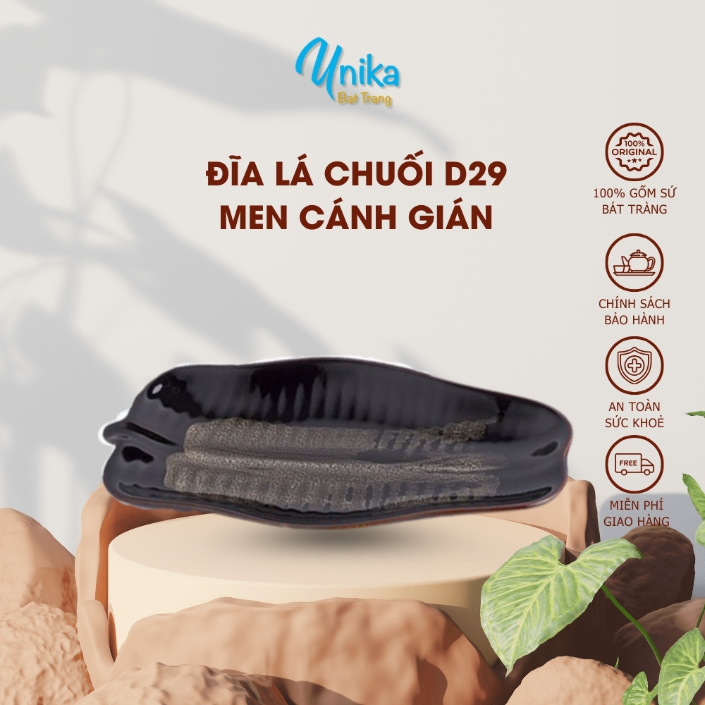 Khay lá chuối men cánh gián D29*R15*C3 - Đĩa hình lá chuối men hỏa biến - Gốm Unika Bát Tràng