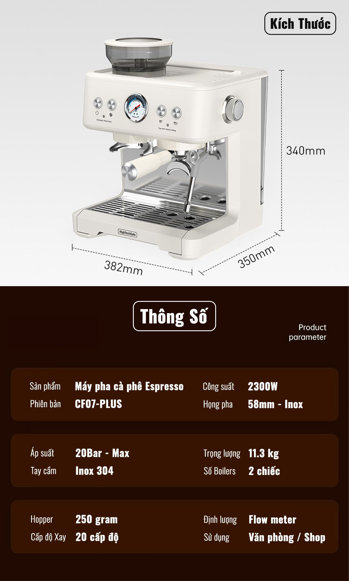 Máy pha cà phê espresso CF07-PLUS tích hợp xay hạt cà phê 20 mức, đánh bọt sữa, pha espresso 20 bar mạnh mẽ, 4 trong 1 tiện lợi, 2 boilers và DIY kiểm soát nhiệt độ 3 cấp, họng pha chuyên nghiệp 58mm