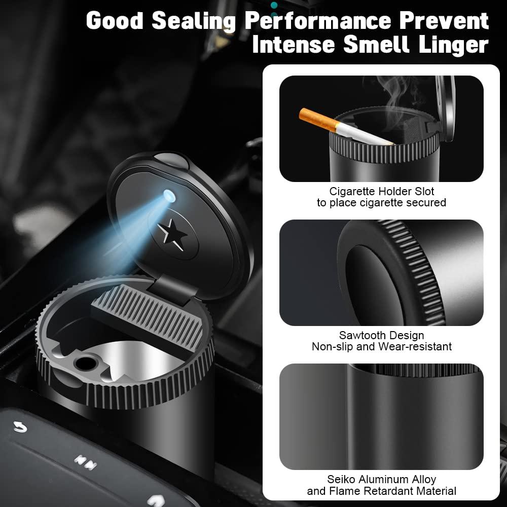 Ashtray ô tô, cần gạt bằng thép không gỉ với nắp, khói di động - trát không có đèn LED được chiếu sáng cho xe hơi cắm trại ngoài trời, màu đen